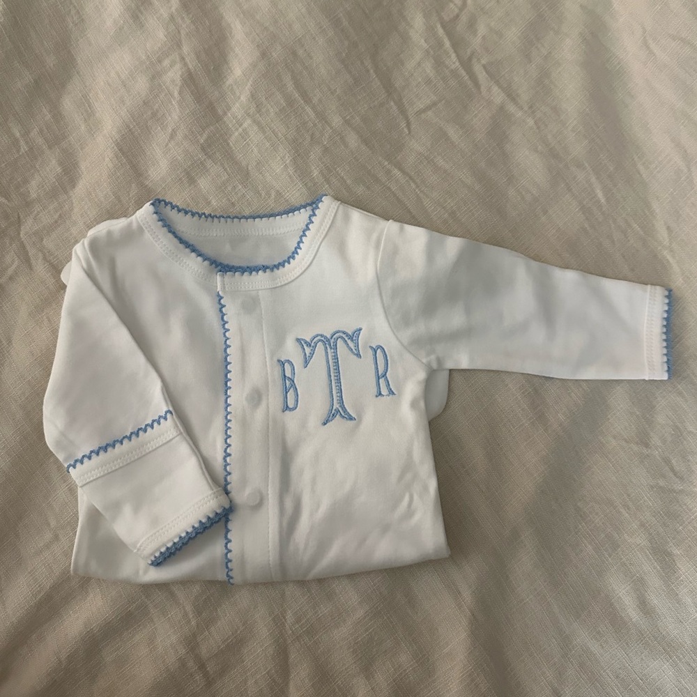 Monogrammed White Baby Onesie with Light Blue Trim